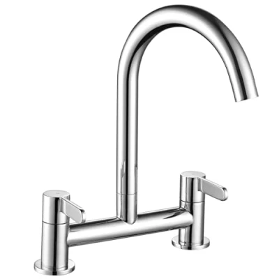 Image of Peppermint Kitchen Mixer Taps 2 Hole Bridge Tap Sink Chrome Dual Lever Deck Mounted Traditional Faucet