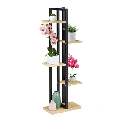 Image of Relaxdays Metal Flower Stand, 5 Tier Indoor Pot Shelf Ladder, Wooden Look, 117 x 43 22 cm, Plant Rack, Light Brown, Steel