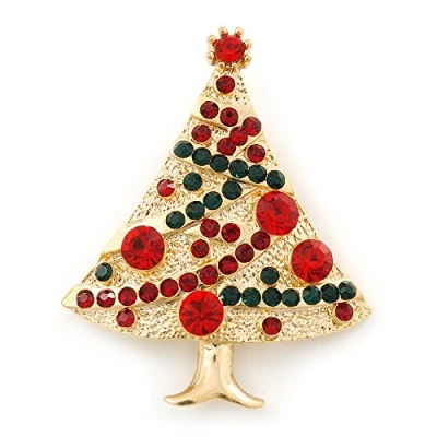 Image of Avalaya Red, Green Austrian Crystals Christmas Tree Brooch in Gold Plating 50mm Length