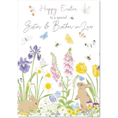 Image of doodlecards Sister &amp; Brother in Law Easter Card Spring Flowers with Bunnies Medium Size Plain Envelope