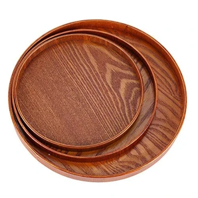Image of Round Natural Wooden Tray Brown Coffee Snack Food Meals Transfer Multipurpose Serving for Cafe Restaurant Hotel Home Shop (24CM)