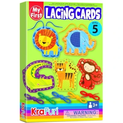 Image of KRAFUN Beginner Preschool Lacing Card Kit for Kids Arts &amp; Crafts, 5 Easy Safari and Animal Projects, Instructions Included, Cards Toddlers, Fine Motor Skills Training Toys