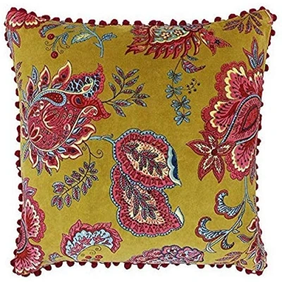 Image of Riva Paoletti Malisa Square Cushion Cover Lemon Curry Yellow Paisley Indian Print Faux Velvet Fabric Pink Pompom Edges Machine Washable 100% Cotton 50 x 50cm (20&quot; 20&quot; inches)