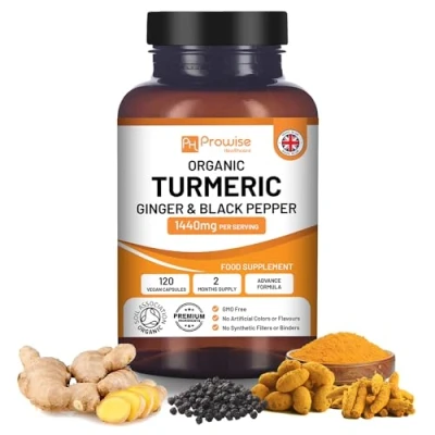 Image of Organic Turmeric Capsules High Strength 1440mg 120 with Black Pepper, Ginger &amp; Active Ingredient Curcumin (2 Month Supply) Made In UK by Prowise Healthcare