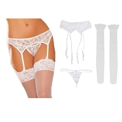 Image of MAKFORT Womens Sexy Garter Belt Lace Lingerie Thigh High Stockings with Suspender White
