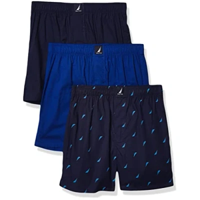 Image of Nautica Men&#039;s Cotton Woven 3 Pack Boxer, Peacoat/Surf the Web/Sails, Large
