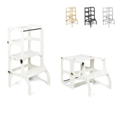 Image of Ette Tete STEP&#039;n&#039;SIT® Montessori Helper Tower Table Convertible 2 in 1 (With silver clasps, White)
