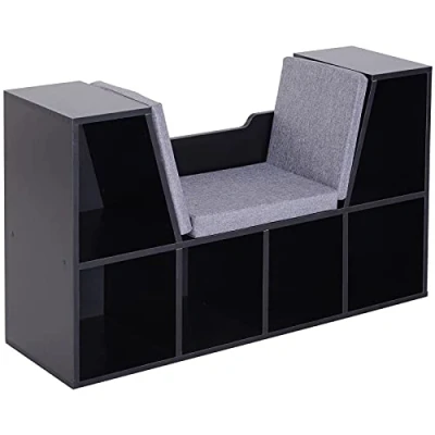 Image of HOMCOM Bookcase Storage Shelf with Cushioned Reading Seat, Cube Bookshelf Organizer for Bedroom Living Room, Black