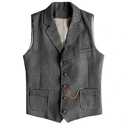 Image of AeoTeokey Men&#039;s Western Herringbone Tweed Suit Vest Wool Slim Fit Waistcoat (Grey,4XL)