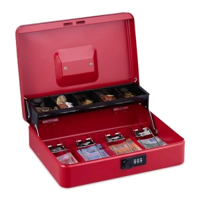 Image of cash box, 3 digit combination, coin insert &amp; 4 note compartments, lockable, iron red Relaxdays