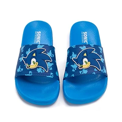 Image of Sonic THE HEDGEHOG Sliders For Boys Kids Face Sandals Beach Shower Shoes Childrens Blue Flip Flops Summer Footwear Game Merchandise Gift