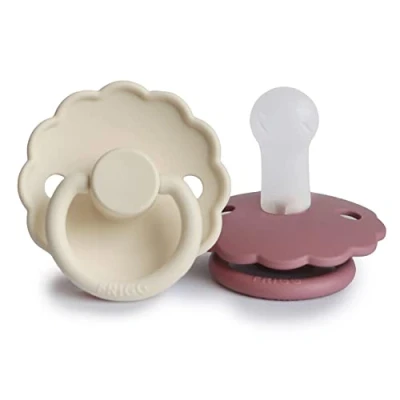 Image of FRIGG Daisy Silicone Pacifier Pack of 2 Soother Dummy BPA Free Made in Denmark Symmetrical Cherry Shaped Nipple (Cream/Dusty Rose, Size (6 18 Months))