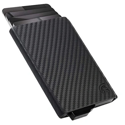 Image of POWR Card Holder and Keyring, RFID Blocking, Genuine Leather Carbon Fibre Effect Mens Wallet, Minimalist Slim Metal Blocking Contactless Bank Protector with Quick Release Mechanism.