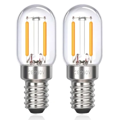 Image of T22 LED E14 Fridge Bulbs 2W Warm White 2700K, 200LM, SES Pygmy Replacement for Refrigerator Bulb 15W 230V, Small Screw COB Filament Candle Salt Lamp Night Light Bulbs, Pack of 2