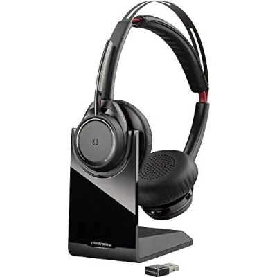 Image of Poly Voyager Focus UC with Charge Stand (Plantronics) Bluetooth Dual Ear (Stereo) Headset Boom Mic USB C Compatible PC and Mac Active Noise Canceling Works Teams, Zoom &amp; more