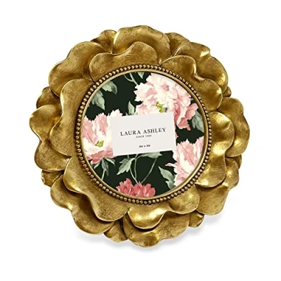 Image of Laura Ashley 4x4 Gold Round Resin Ornate Flower Design Picture Frame with Beaded Border, for Tabletop and Wall Display, Floral Home D cor (Gold)