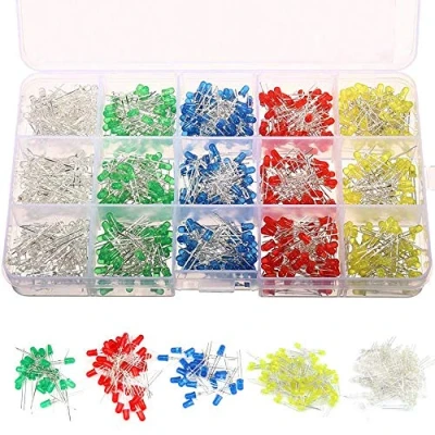 Image of Gasea 750pcs 3mm Light Emitting Diodes 2Pin Round LED Bulb Lamp Assorted Kit for Electronic Components Parts White Yellow Red Blue Green，5 Colors x 150 Pcs