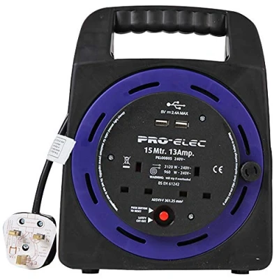 Image of Pro Elec PEL00805 13A 2 Gang Handbag Reel mains Extension with 2x USB Charging Ports, 15 m