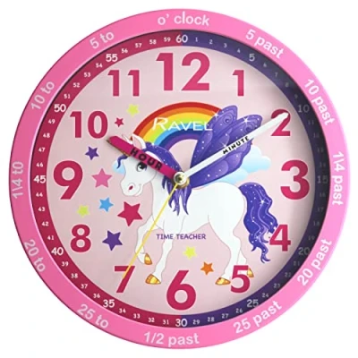 Image of Ravel Children&#039;s 25cm Time Teacher Wall Clock R.KC.10 Analogue Quartz Pink Unicorn/Pink Dial