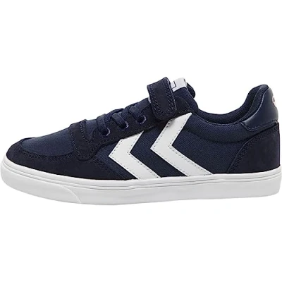 Image of hummel Unisex Kids&#039; Slimmer Stadil Low Jr Top Sneakers, Blue (Dress 7459), 2 UK