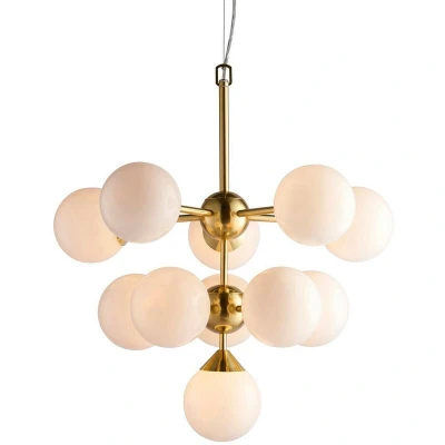 Image of Oscar Globe Pendant Satin Brushed Gold Effect Plate &amp; Gloss White Glass 11 Light Dimmable IP20 G9