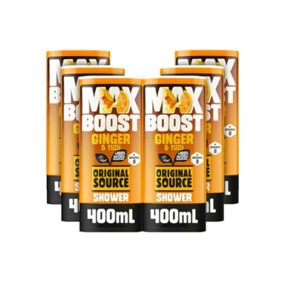 Image of Original Source MAX BOOST Ginger &amp; Yuzu Shower Gel with 100% Natural Fragrance, Vegan Gel, Paraben Free Body Wash, Multipack of 6 x 400ml