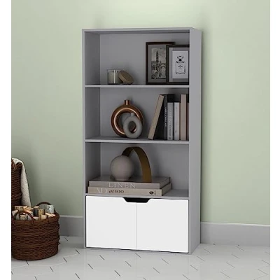 Image of URBNLIVING 4 Tier Wide Grey Wooden Bookcase Cupboard With 2 Doors Storage Shelving Display Shelf Cabinet Unit (Grey White Doors)