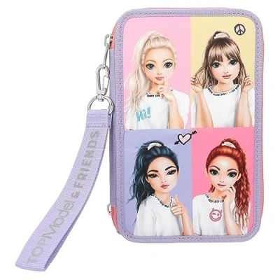 Image of Depesche 12591 TOPModel Snap Shots Filled 3 Compartment Pencil Case with Cute Embroidery Details, Colouring Pencils, Ruler, Scissors and Much More