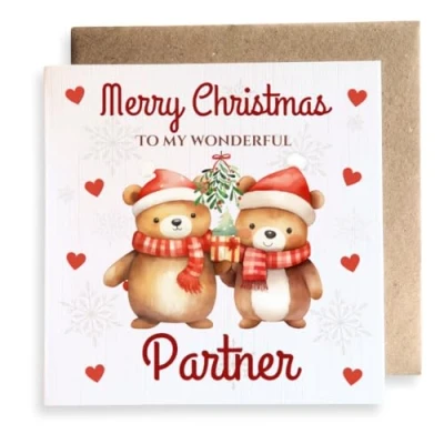 Image of Second Ave Partner Bears Mistletoe Love Square Card Christmas Xmas Holiday Festive Greetings