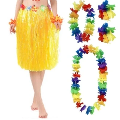Image of Quickdraw Hawaiian Lei Hula Grass Skirt With Flower Garlands Fancy Dress Costume 5 Piece Aloha Summer Party Set (Yellow)