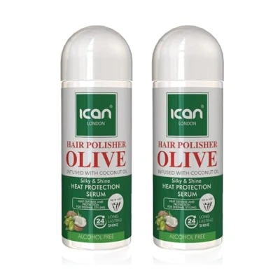 Image of Ican London Hair Polisher Olive Oil Infused With Coconut Heat Protection Serum, Alcohol Free, 2 x 207ml