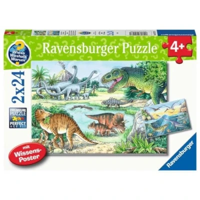 Image of Ravensburger 05128 Saurier Und Ihre Lebensräume Dinosaurs Children&#039;s Puzzle and Their Habitats 24, 24 Pieces, Teal/Turquoise Green