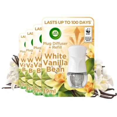 Image of Airwick Plug in Diffuser Kit, White Vanilla Bean, Pack 4 x Kits, 1 Device &amp; Refill, Long Lasting Fragrance, Lasts up to 400 days, Air freshener