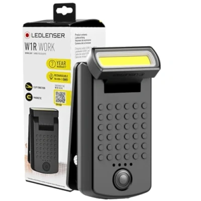 Image of Ledlenser W1R Rechargable COB LED Work Light, 220lm Portable Inspection Torch inc 360 Rotating Magnetic Base, Robust Clip, USB C, 61g Pocket for Household Workshop Garage Mechanic Dog Walking