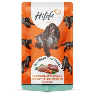 Image of HiLife Adult Wet Dog Food, Chicken Breast with Tuna and Garden Vegetables in Broth, Complete Food Pouches, Grain Free &amp; 100% Natural ingredients (14 x 150g Pouches)