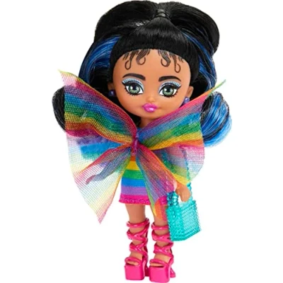 Image of Barbie Extra Mini Minis with Blue Streaked Black Ponytail Wearing Rainbow Dress &amp; Accessories Stand, 3.25 Inch, HPJ09