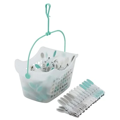 Image of JVL Plastic Peg Basket with 72 Soft Grip Pegs, Aqua (19 216 283)