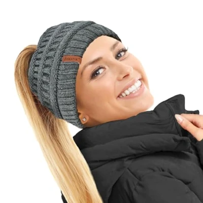 Image of TOSKATOK Ladies Thermal Teddy Fleece Lined Ponytail Beanie Hat Midgrey