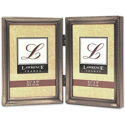 Image of Lawrence Frames 11535D Antique Pewter Hinged Double 3x5 Picture Frame Beaded Edge Design