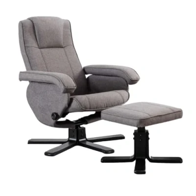Image of EVRE Comfy Chair grey Armchair with Foot Stool &amp; Reclining Functions Swivel Padded Fabric. Perfect for lounge chairs living room or Reading Fabric Silver footstool