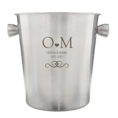 Image of Personalised Monogram Stainless Steel Ice Bucket. Engraved With A Couple&#039;s Initials For Unique Keepsake. Lovely Gift An Engagement, Wedding Or Anniversary Present.