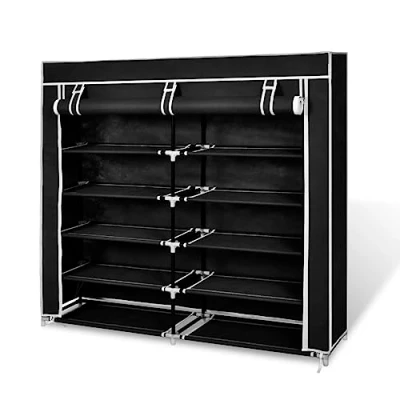 Image of vidaXL Black Fabric Shoe Cabinet Lightweight &amp; Portable Footwear Organizer with Cover, Fits 30 Pairs, Powder Coated Tubes, and Non Woven