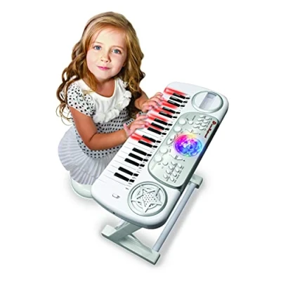 Image of DEQUBE Children&#039;s Electronic Keyboard with Stool Learning Method Has Record Function, Playback and Auto Shut Off Ball Disco Lights Size 50X21X45cm (916D00041)