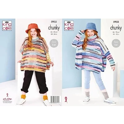 Image of King Cole Chunky Knitting Pattern Easy Knit Childrens Round or Cowl Neck Poncho (5933)