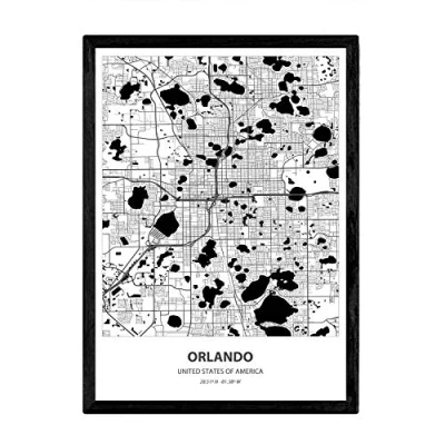 Image of Nacnic Poster with map of Orlando USA. Sheets US cities seas and rivers in black color. A3 size