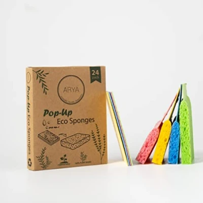 Image of ARYA. Pop Up Eco Sponges 24 Pack Natural Cellulose Compostable &amp; Biodegradable Compressed Kitchen Bathroom Plastic Free Non Scratch (24)