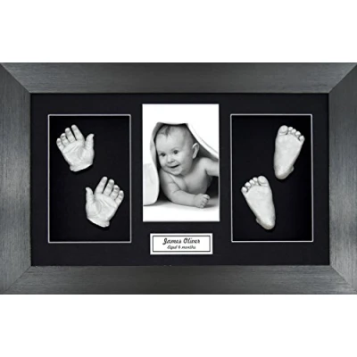 Image of BabyRice Large Baby Casting Kit (Great for Twins!), 14.5x8.5&quot; Brushed Pewter Frame, Black Mount, Silver Metallic Paint