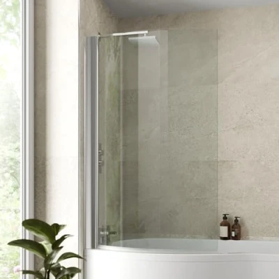 Image of 6mm Curved Edge Toughened Safety Glass Over Bath Frameless Shower Screen Panel Door Chrome Pivot Hinged 850mm