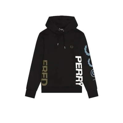 Image of Fred Perry Mens Unisex Graphic Branded Hooded Hoodie Sweatshirt M6544 in Black Size Large