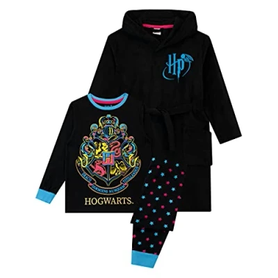 Image of Harry Potter Girls Pyjamas and Dressing Gown Set Hogwarts Black 10 11 Years